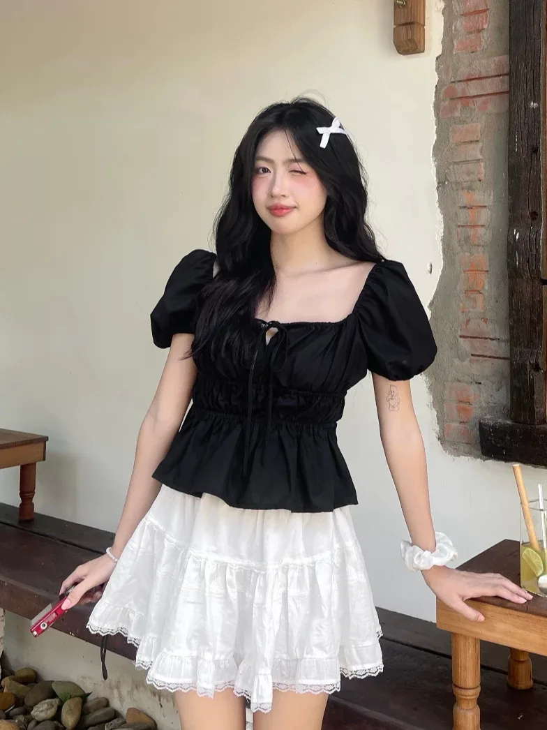 Áo babydoll linen kiểu xinh tay phồng tiểu thư công chúa bo thân nơ coquette ngực xinh xắn Kimee MA287