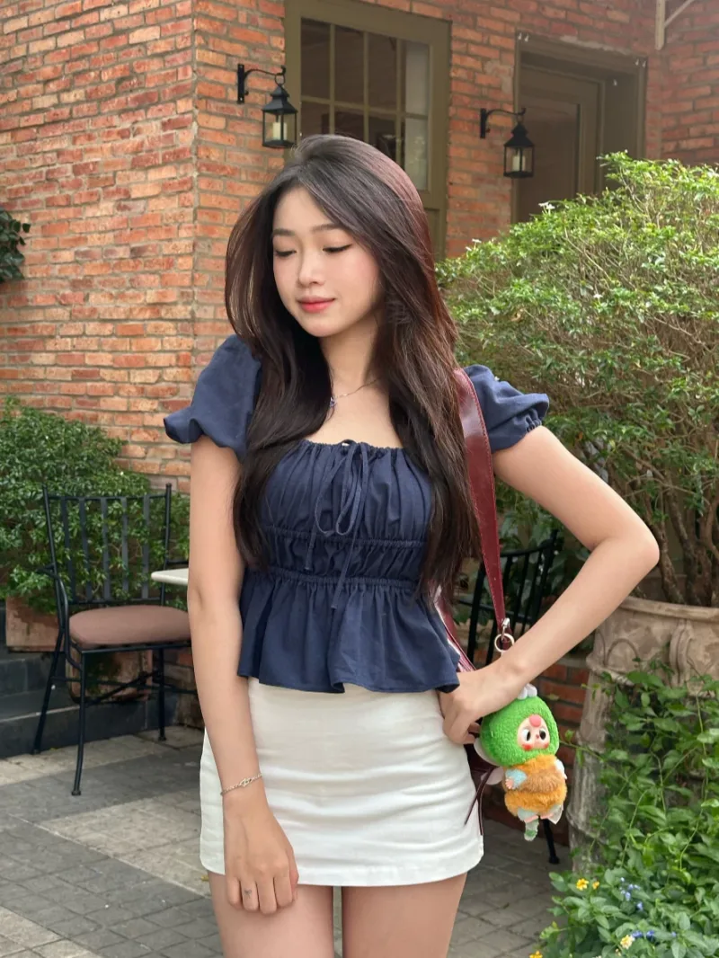 Áo babydoll linen kiểu xinh tay phồng tiểu thư công chúa bo thân nơ coquette ngực xinh xắn Kimee MA287